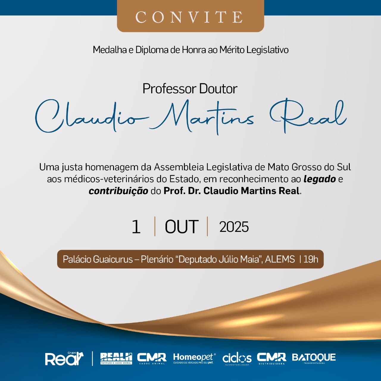 Convite digital para homenagem Claudio Martins Real na Assembleia Legislativa.