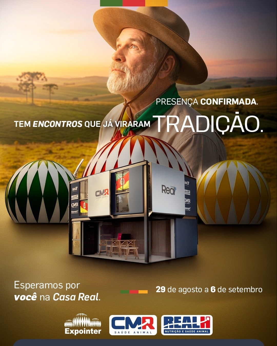 Banner promocional da Real H e CMR Saúde Animal confirmando presença na Expointer, de 29 de agosto a 6 de setembro na Casa Real. Na imagem, um homem gaúcho com chapéu observa a paisagem rural ao lado de uma estrutura moderna da Casa Real.