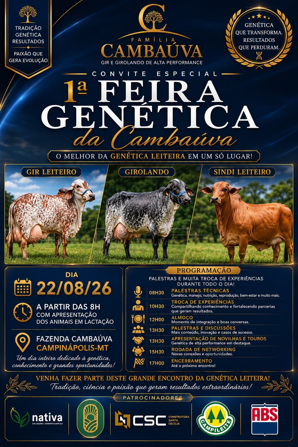 Banner oficial da 1ª Feira de Genética da Cambaúva em Campinápolis MT com presença da marca CMR.